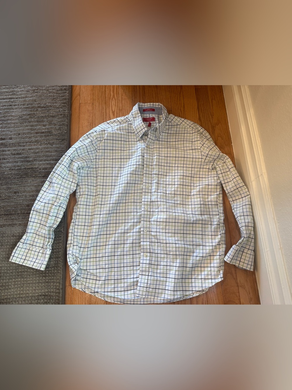 Chaps Men's Light Blue, green and White Plaid Button-Down Shirt wrinkle free